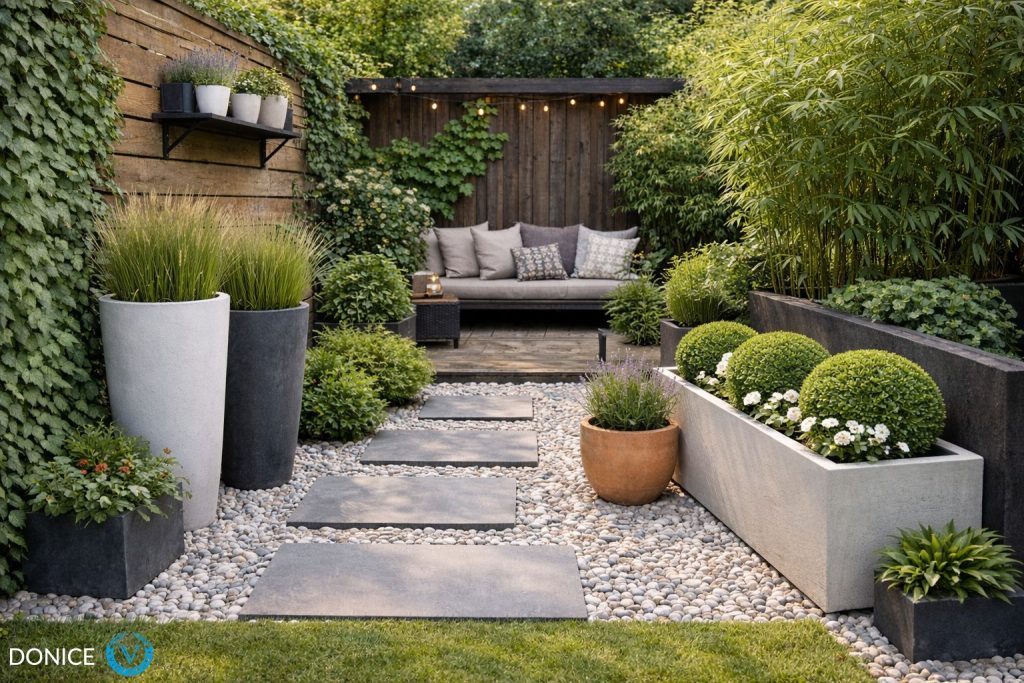 duże donice w małym ogrodzie